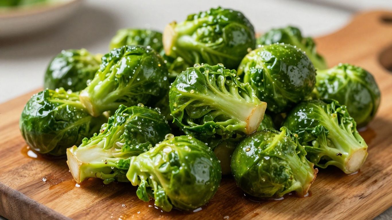 Cooked Brussels sprouts on a wooden cutting board.