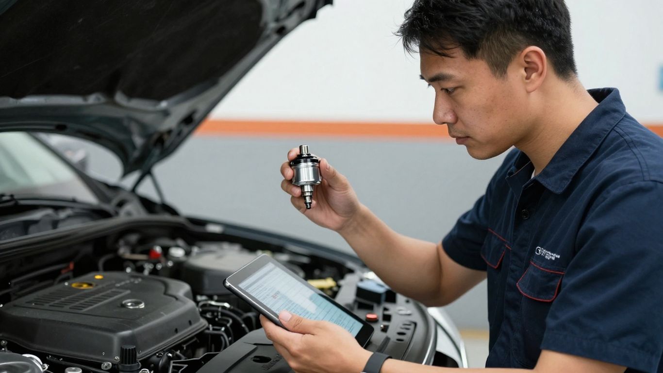 Experienced parts technician organizing a shelf of automotive components