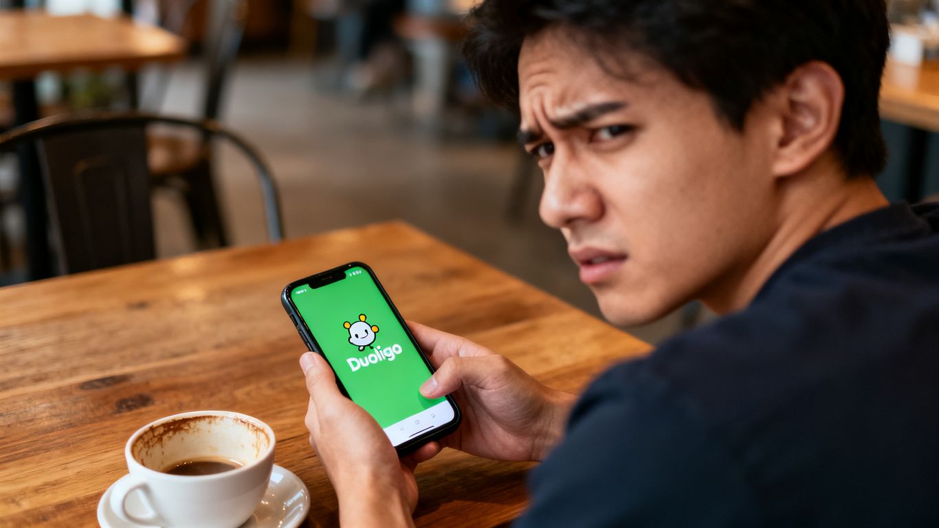 Frustrated person with Duolingo app at cafe table.