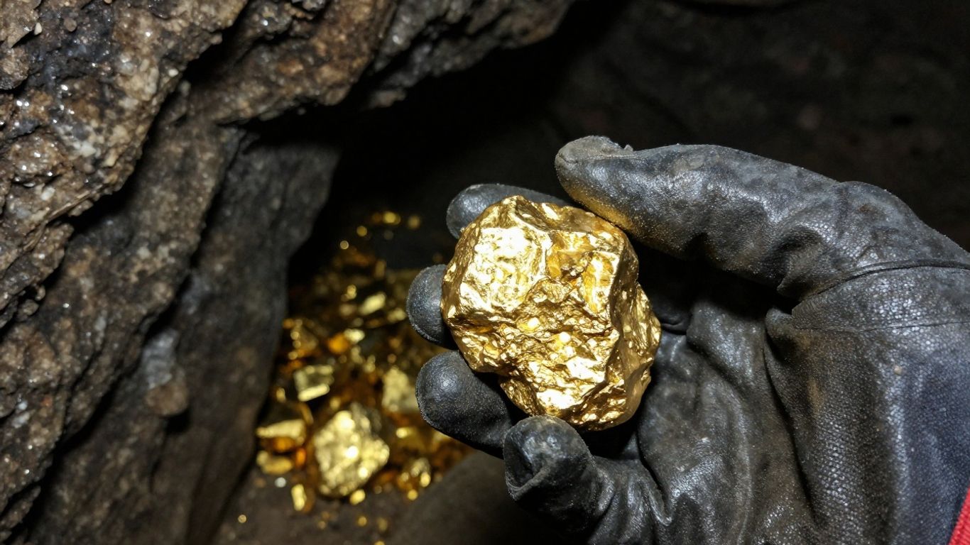 一隻金色的手在礦坑中拿著一塊金塊。