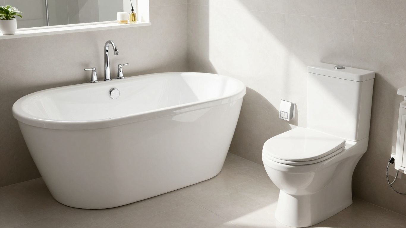 Ex display bathroom suite with tub, toilet, and vanity.