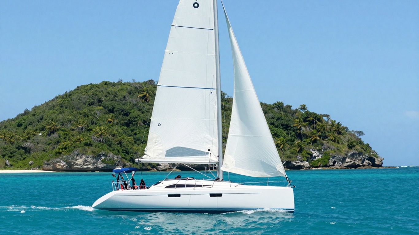Sailboat on clear blue water near island