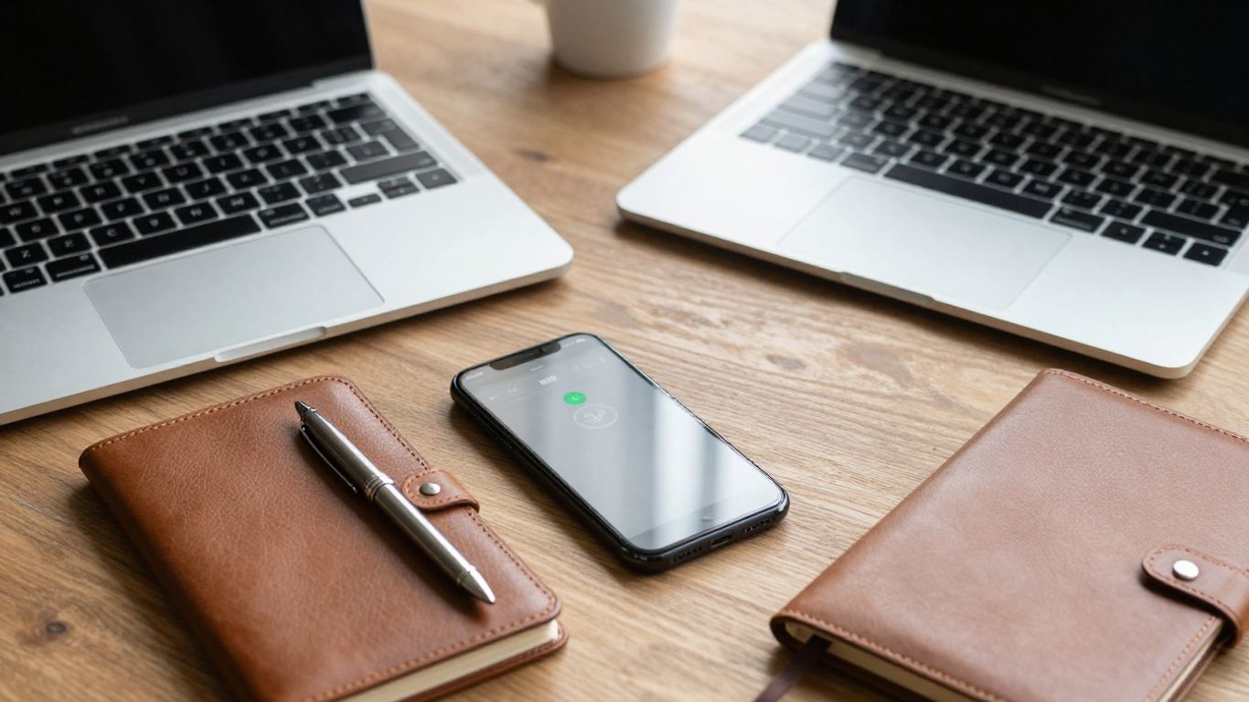 A diverse set of modern business tools on a desk