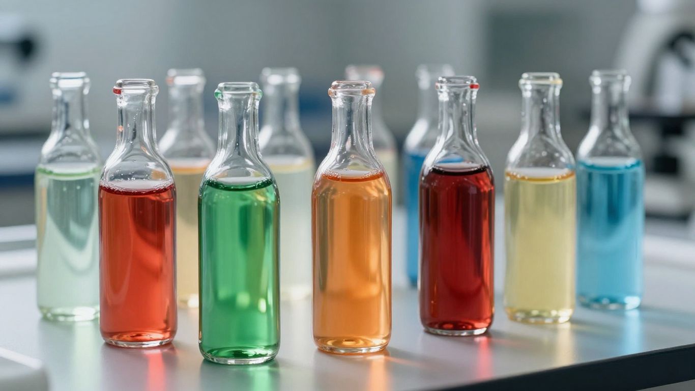 Bottles of colorful liquid SARMs on a lab surface.