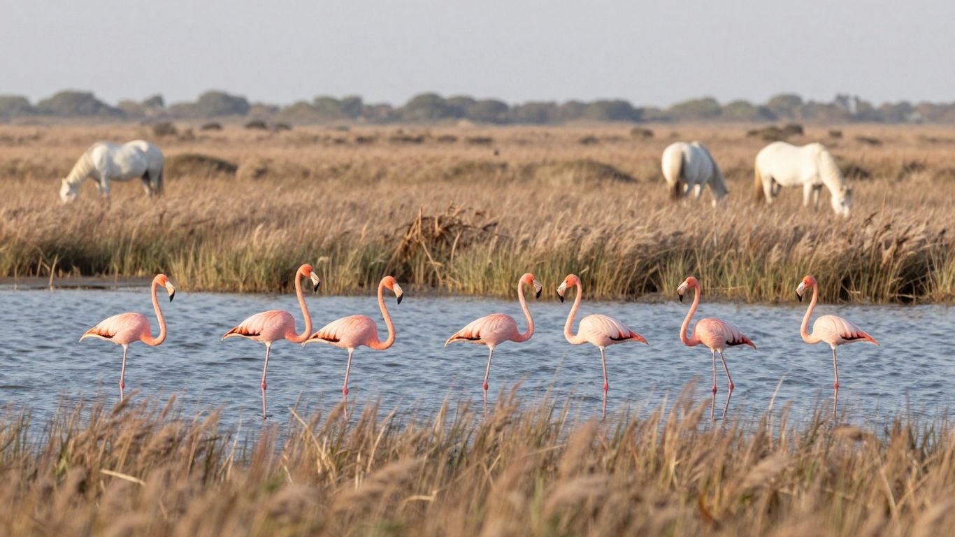 Flamingos and lavender fields beside wetlands