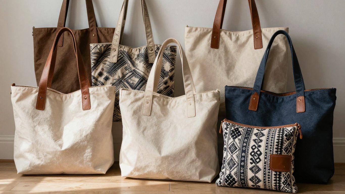 Assortment of Free People tote bags in various styles.