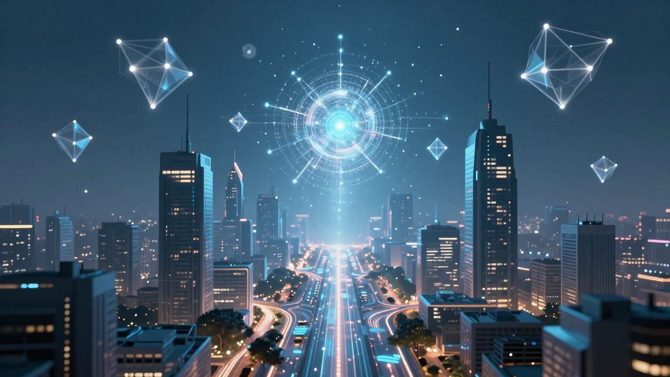 Futuristic cityscape with glowing digital pathways and abstract shapes.