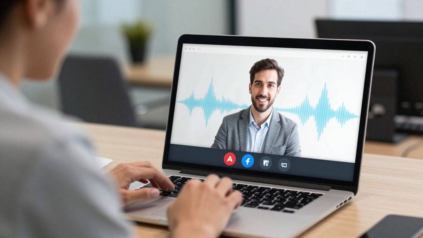 Person in a video call with AI note-taking waves.