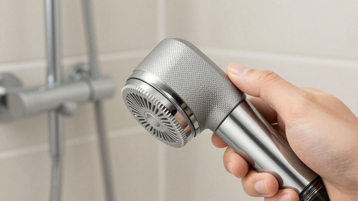 Detailed close-up of a high-quality shower filter device
