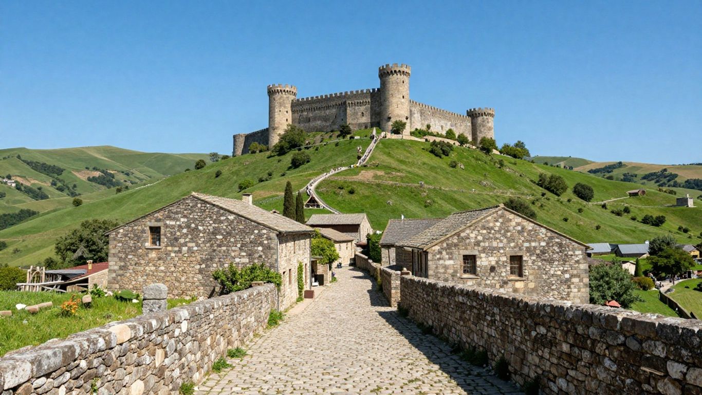 Ancient stone city with medieval castle on a hill.