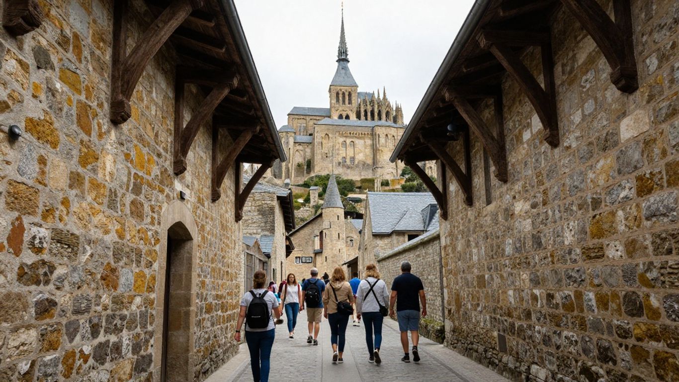 Visitors walking through a narrow medieval island lane