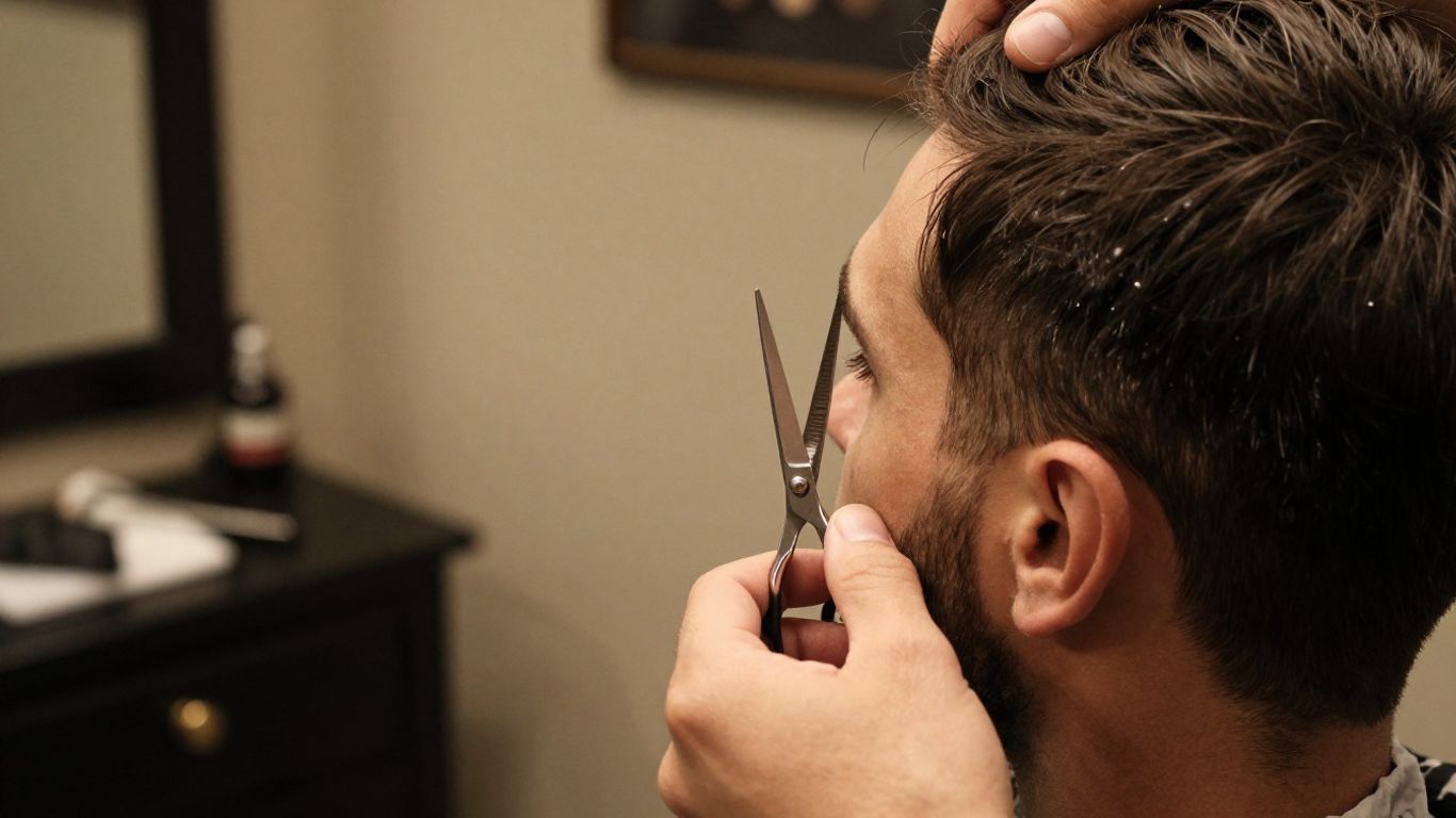 Barber trimming client's beard with scissors.