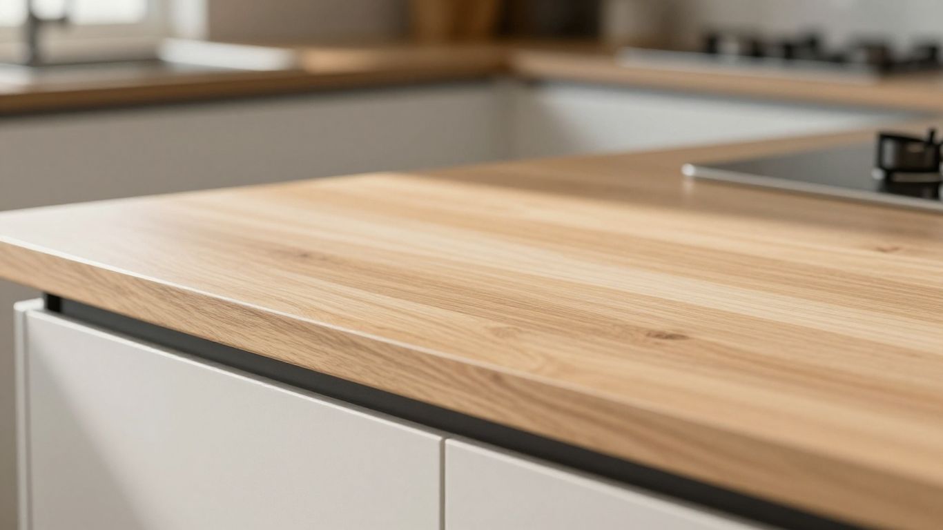 Stylish laminate kitchen worktop with wood grain texture.