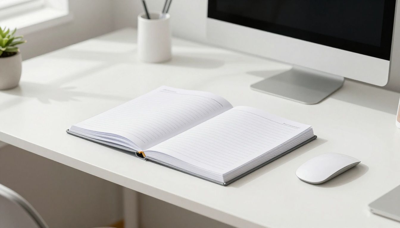 A clean, modern desk setup in a sunlit room featuring a high-quality journal and a digital device, symbolizing the balance between practical planning and purposeful living.