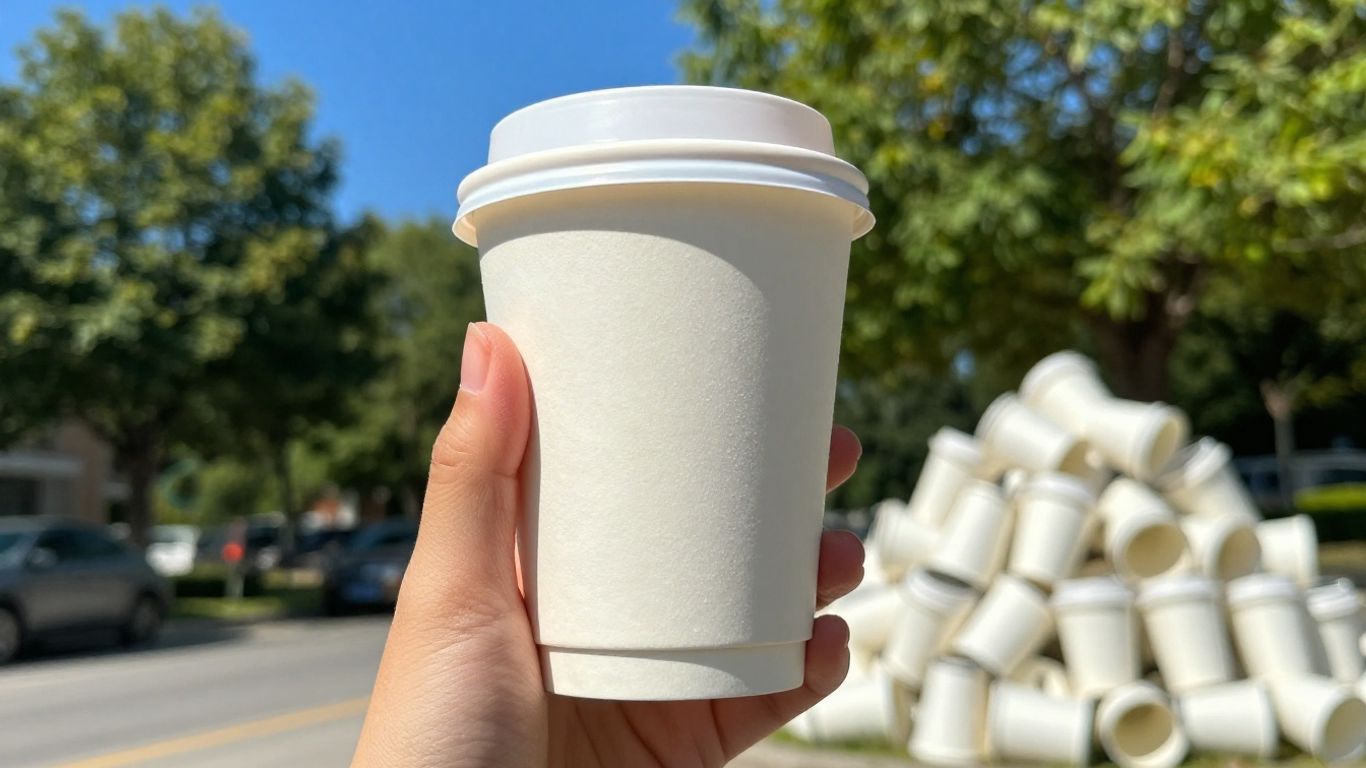 Reusable cup held against a natural, green background.