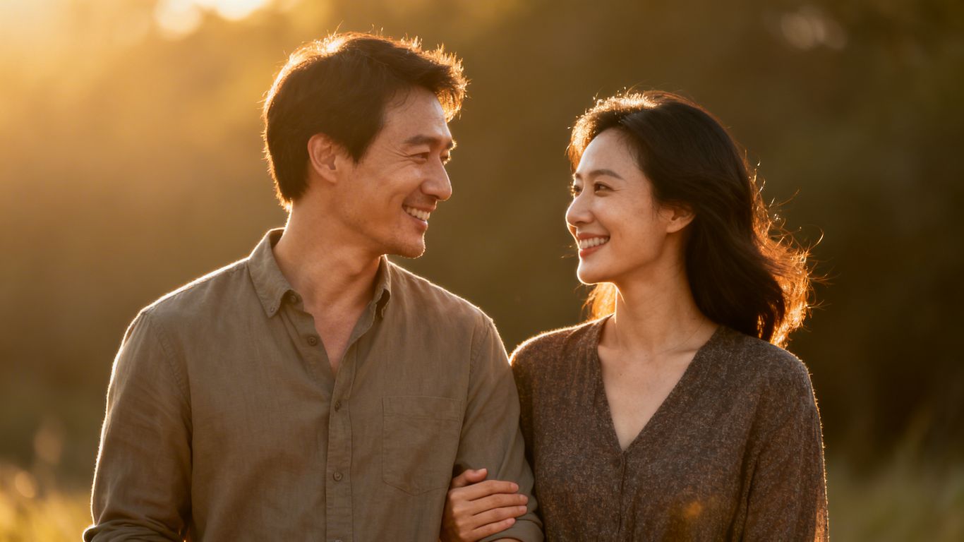Couple smiling, looking at each other, outdoors.