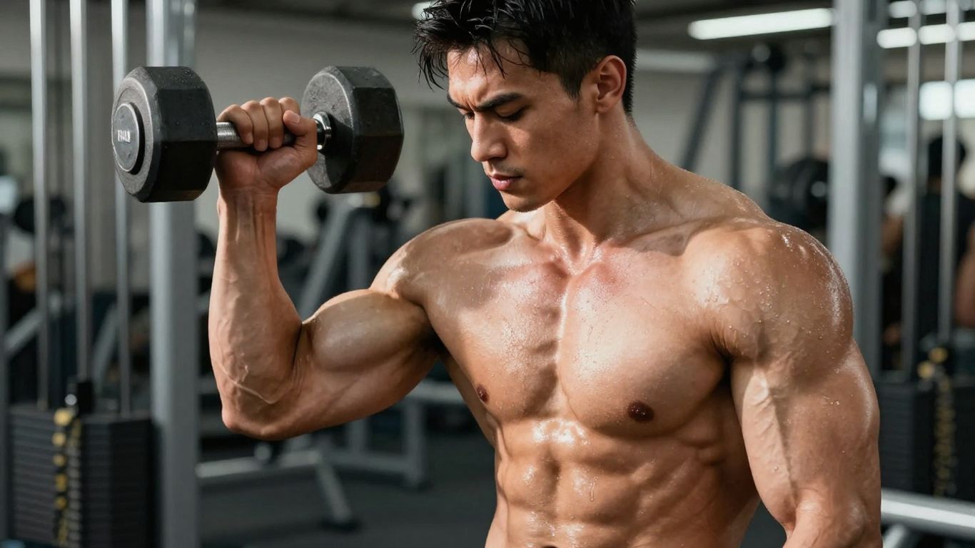 Muscular man flexing with dumbbell in gym.