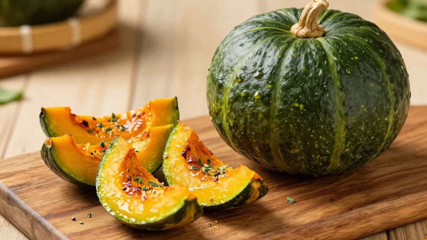 Roasted kabocha squash wedges and a whole squash.