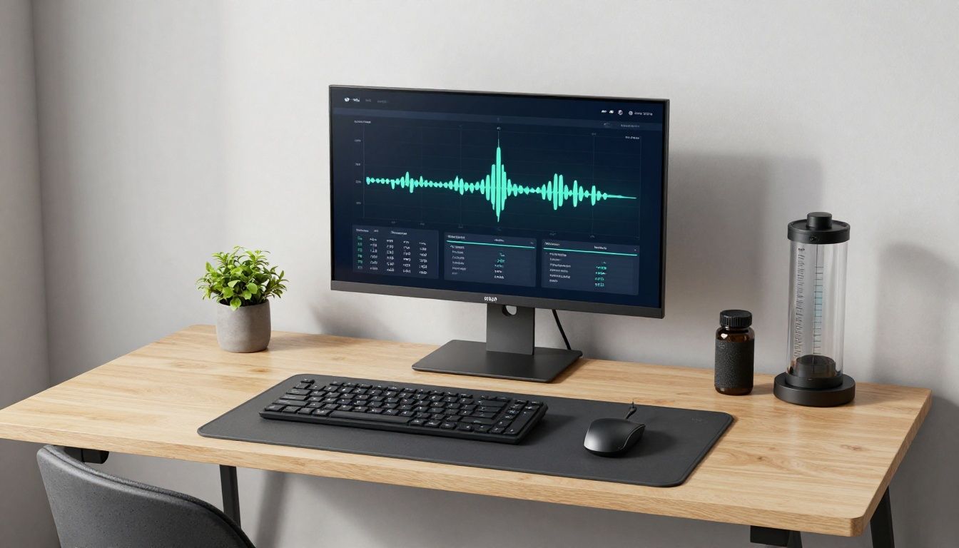 A professional, high-performance desk scene featuring a digital health interface showing hormone levels, a clean workout space, and organized health tracking equipment for a modern lifestyle