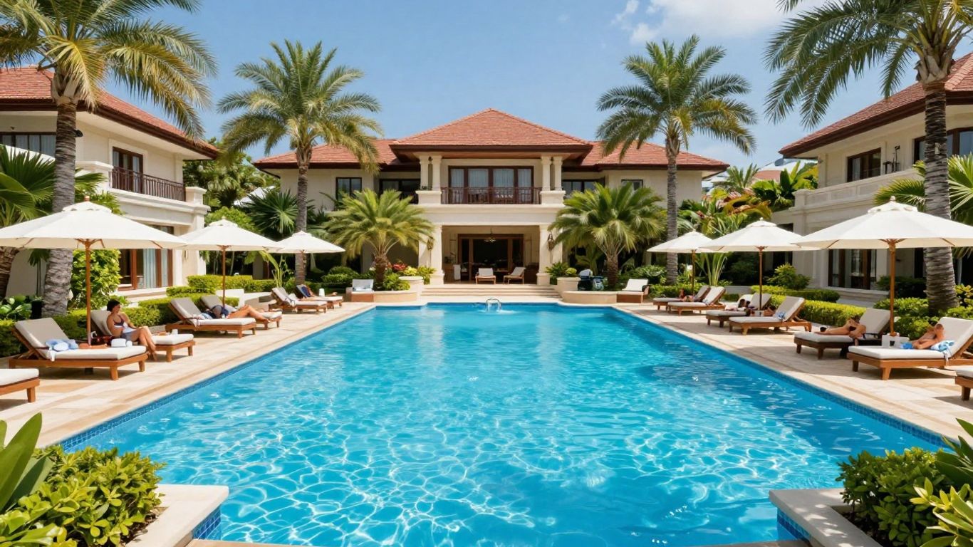 Resort guests relaxing by a turquoise ocean side pool