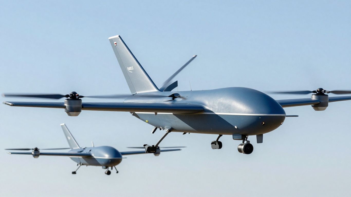 Blue UAS drones in flight formation.