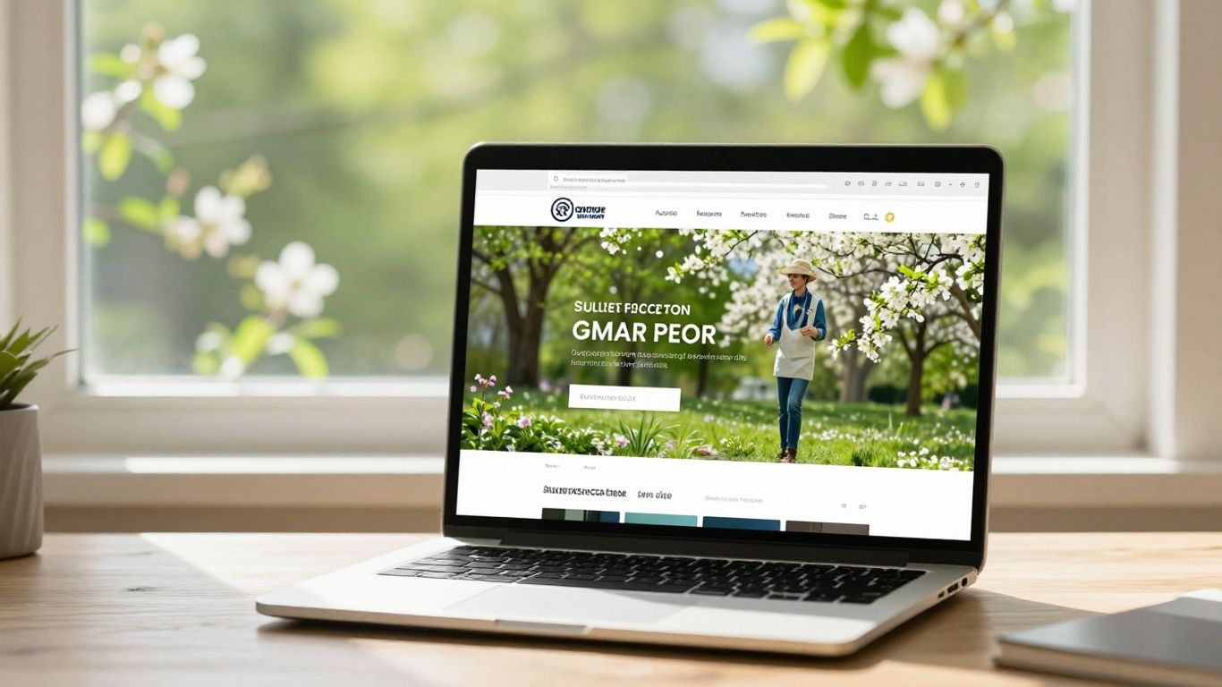 Contractor website on laptop with spring scenery.