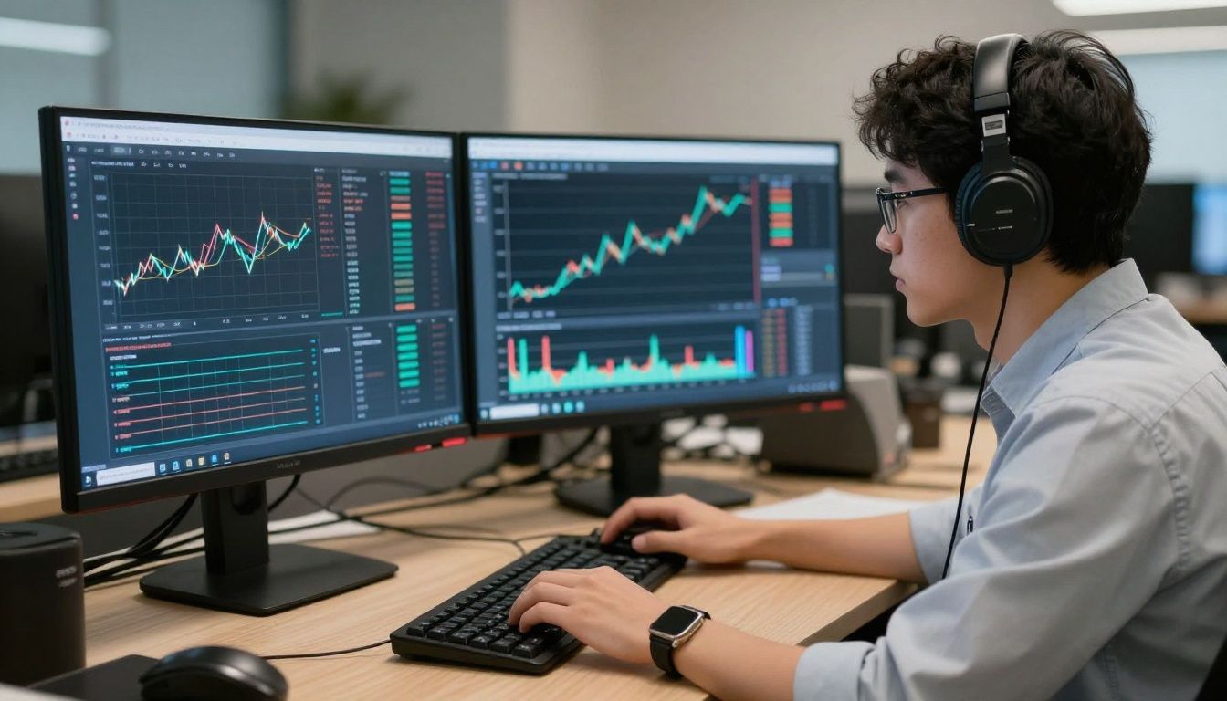 Um cientista de dados trabalhando em frente a monitores com gráficos complexos e linhas de código, representando o futuro e a inovação tecnológica