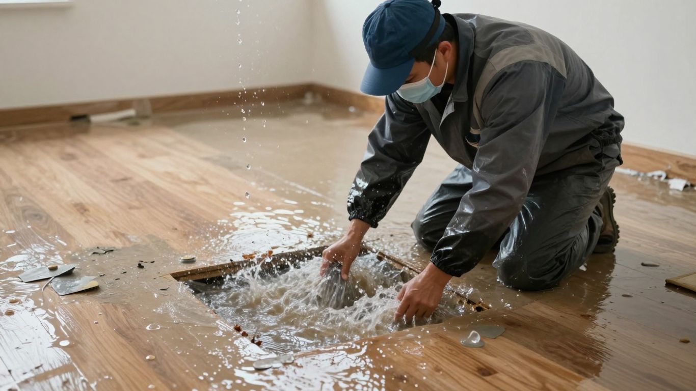 Water damage restoration worker removing water from a flooded room.