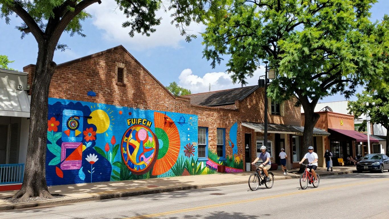 Colorful Austin street art and architecture with a cyclist.