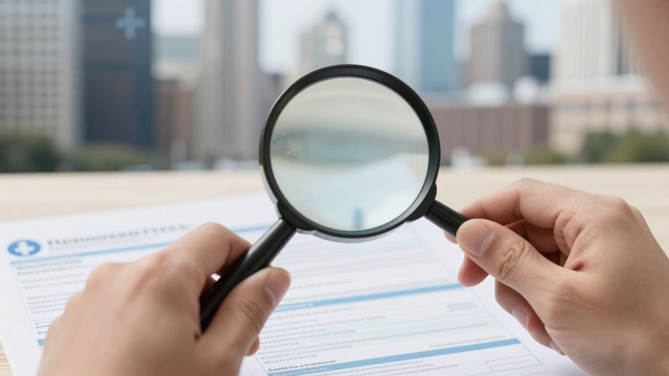 Chicago skyline and medical bills with magnifying glass.