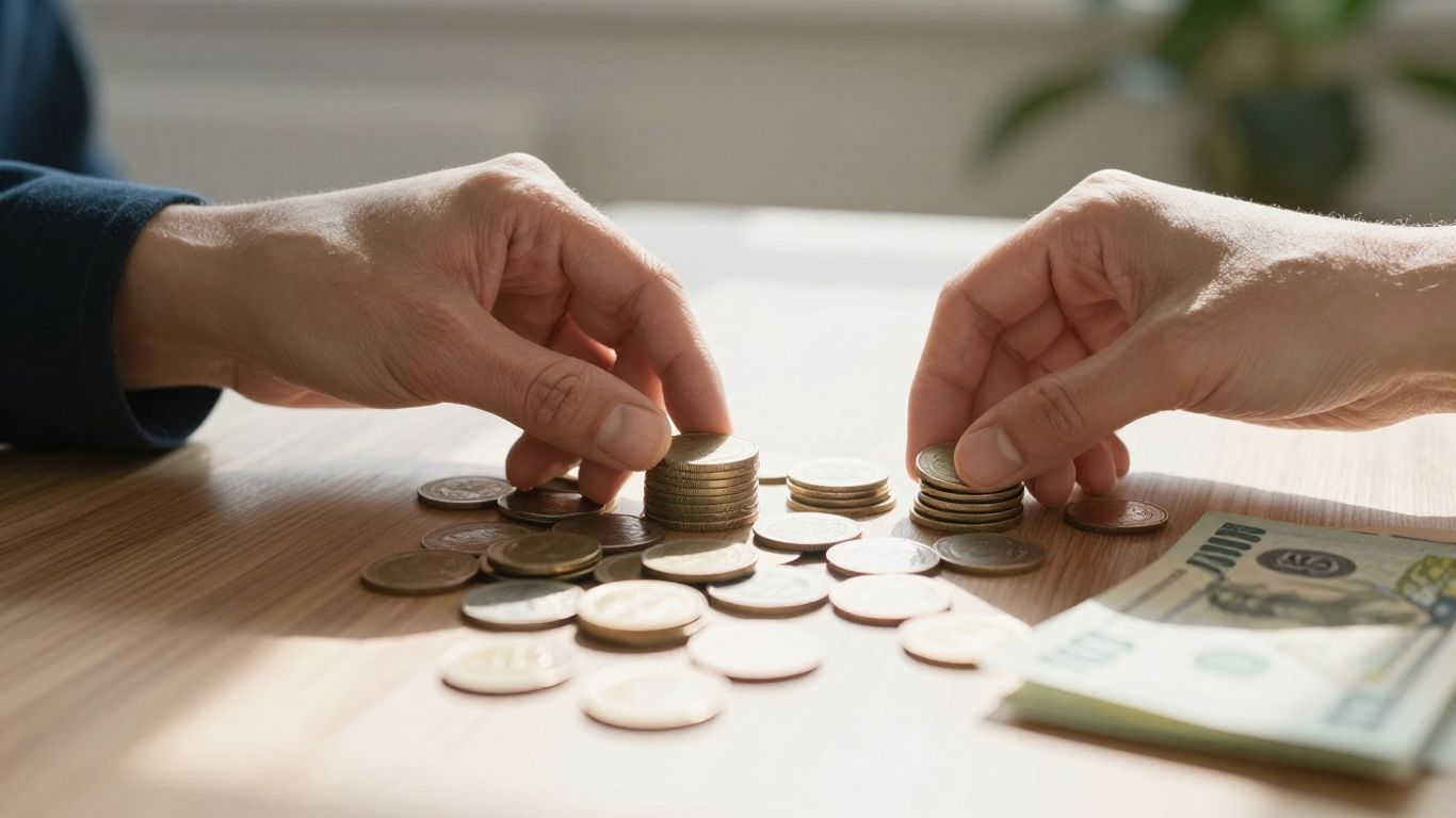 Persona organizando dinero con calma y confianza.