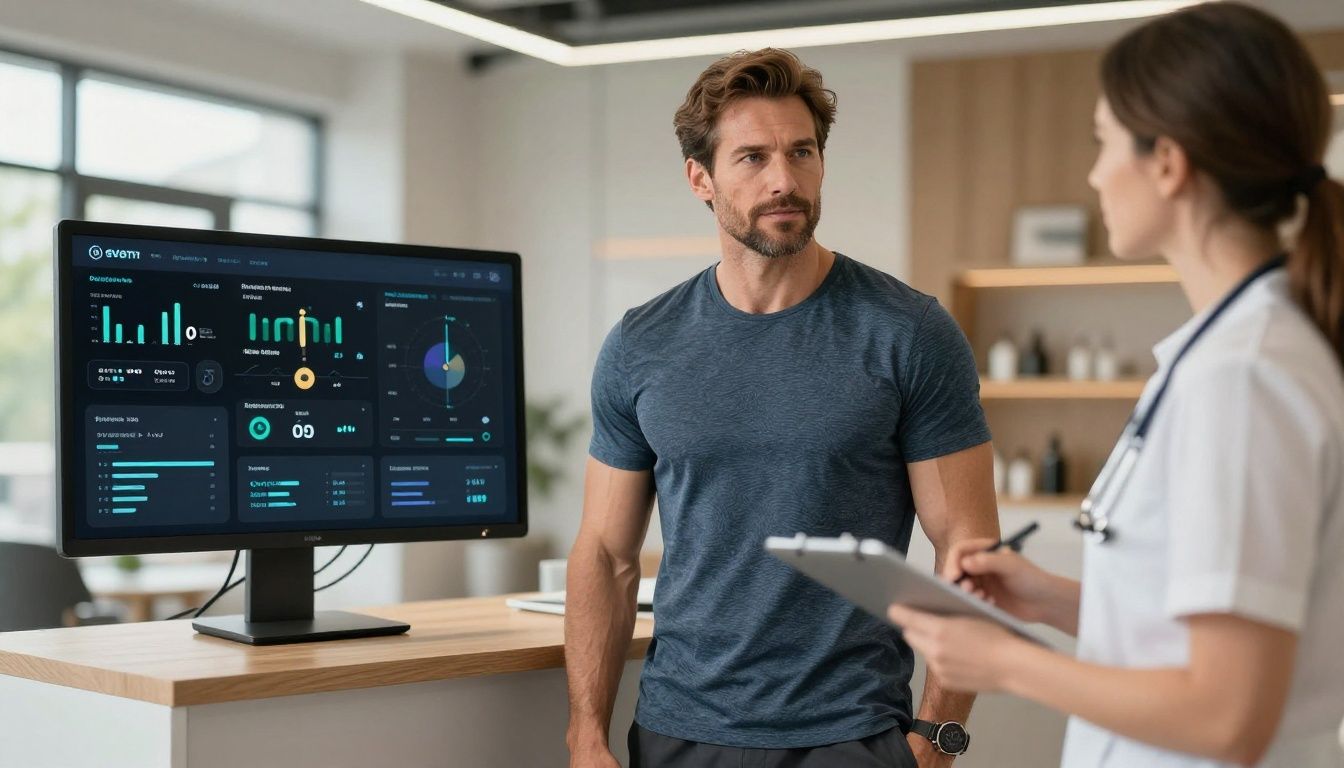 A confident, fit man in his 40s standing in a modern, upscale wellness clinic, looking at a digital health dashboard with a professional provider in the background.