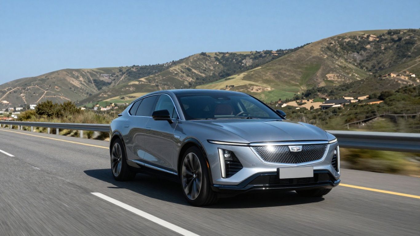 Cadillac Lyriq driving on a scenic coastal road.
