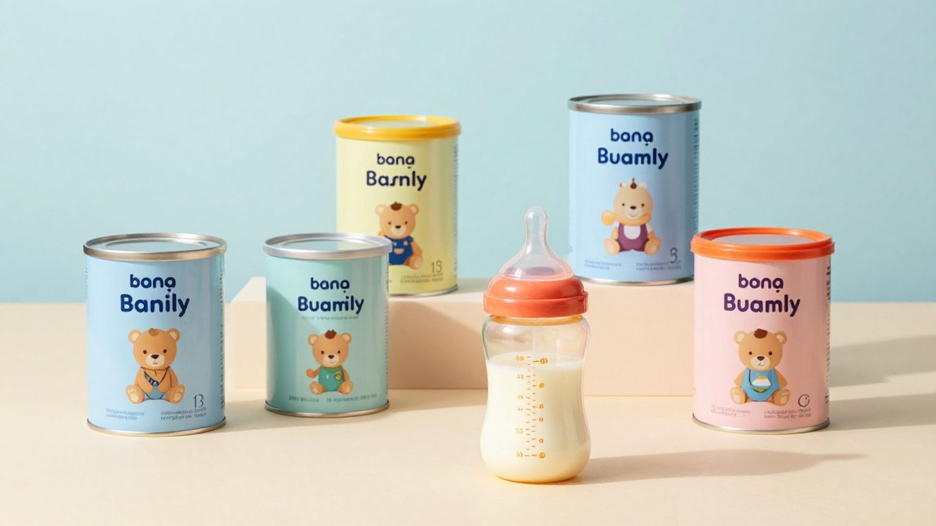 Latas de leche de fórmula para bebés y biberón.