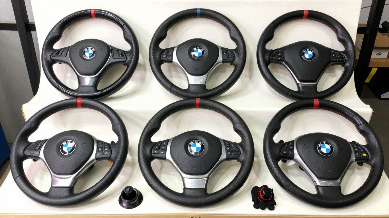 Used BMW steering wheels arranged for comparison