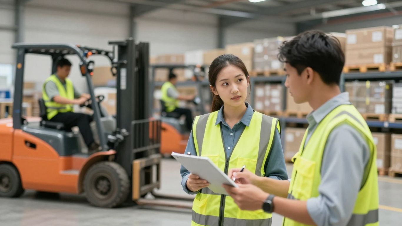 Distribution center operations team working with forklifts and pallets.