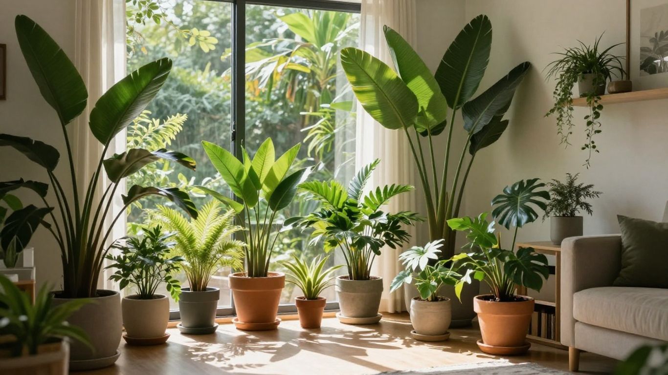 Plantas ornamentais vibrantes em uma sala de estar ensolarada.