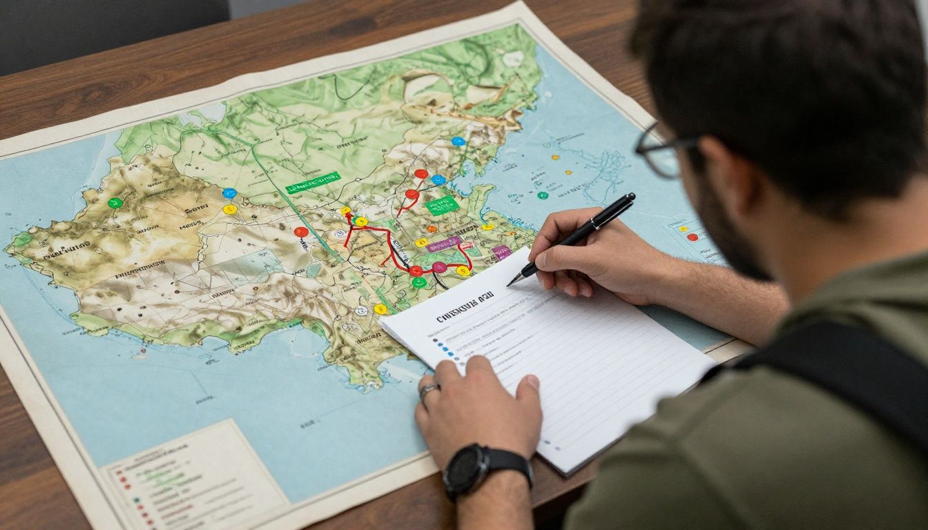 Um jogador observando um mapa tático de um jogo de tiro moderno com ícones de estratégia