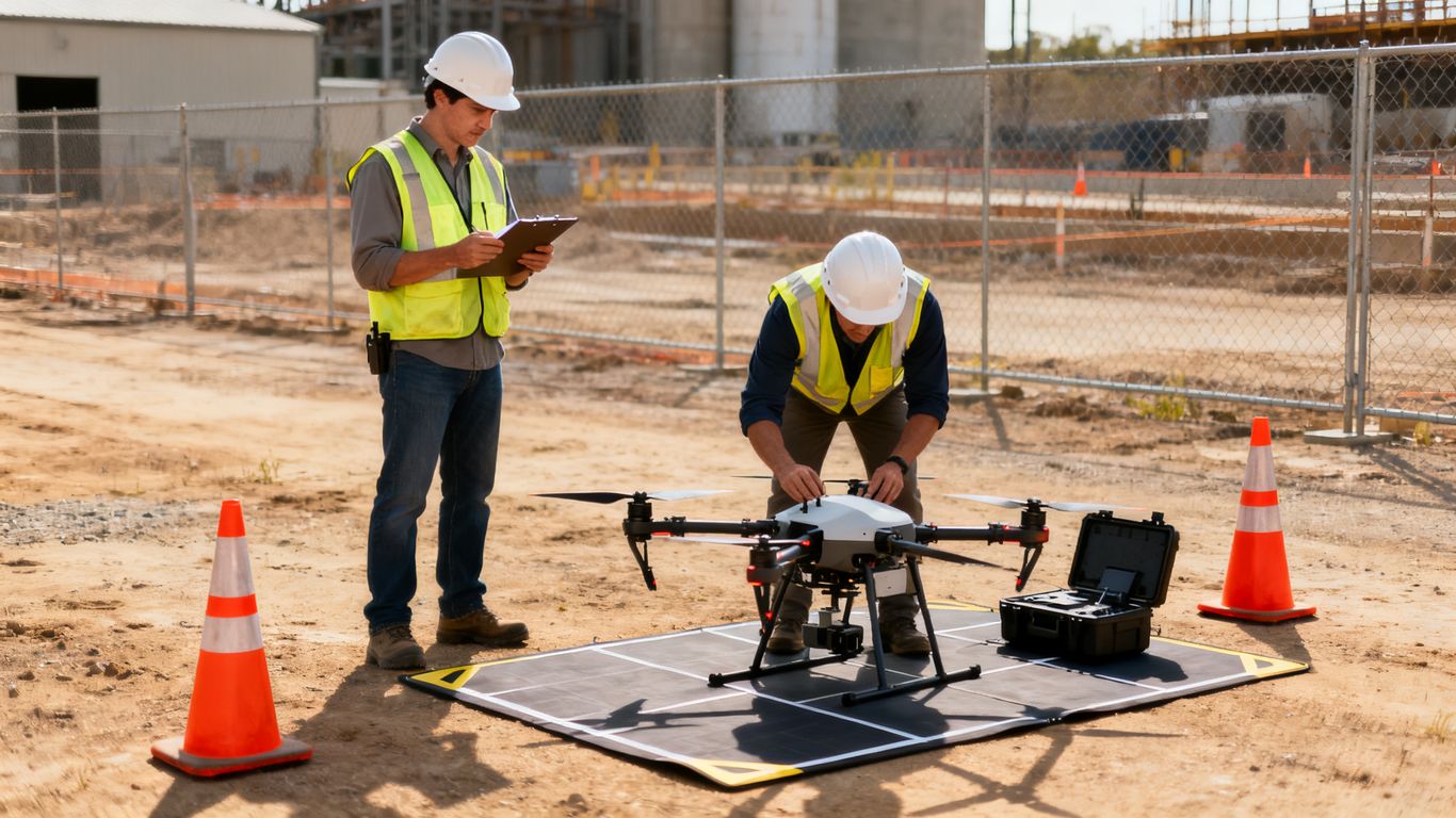 Commercial drone crew at permitted worksite