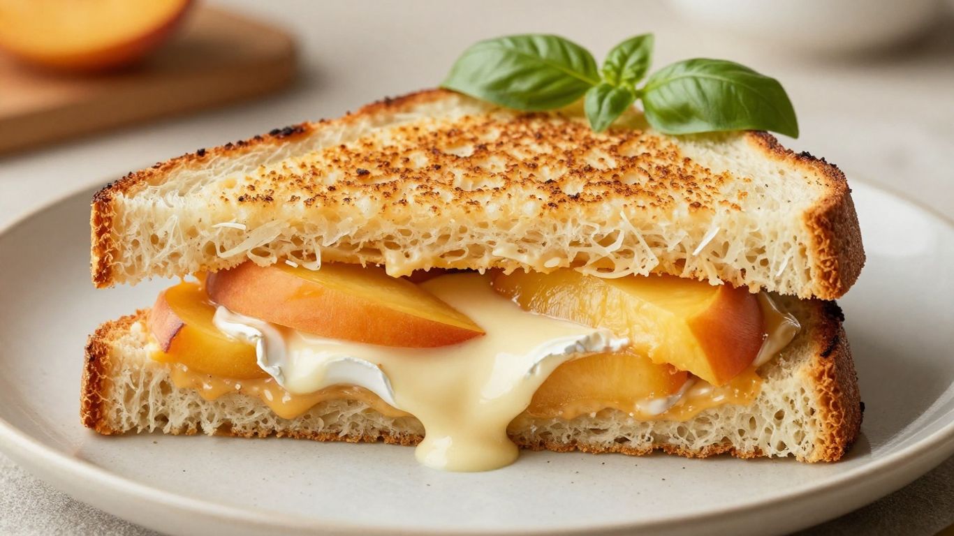Golden grilled cheese with melted Brie and peaches