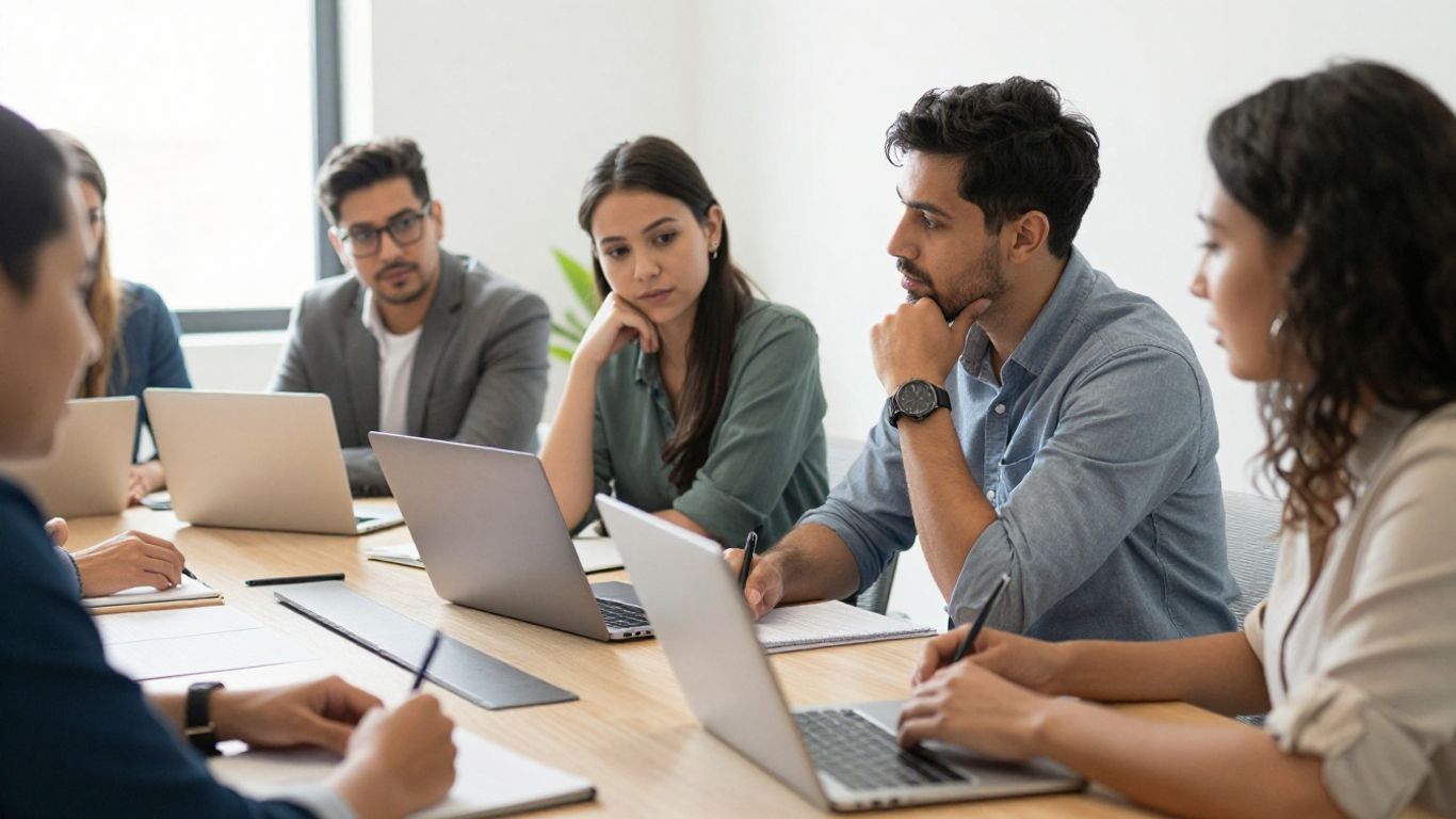 Colleagues discussing project feedback in a meeting
