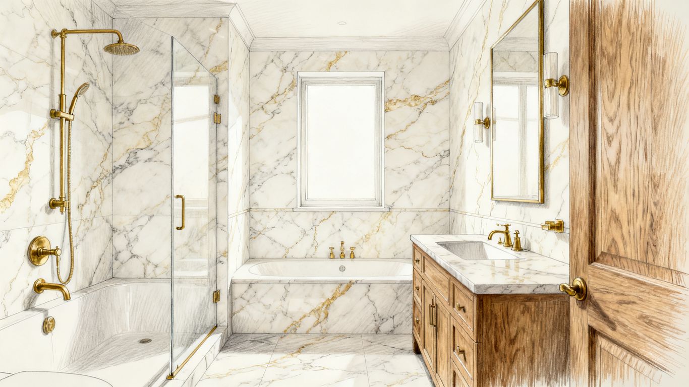 Calacatta Gold marble shower and vanity design