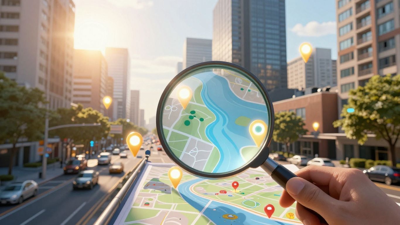 Cityscape with glowing location pins and magnifying glass over map.