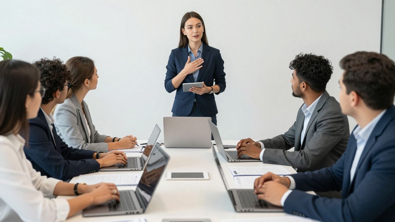 Manager and international team collaborating in an office