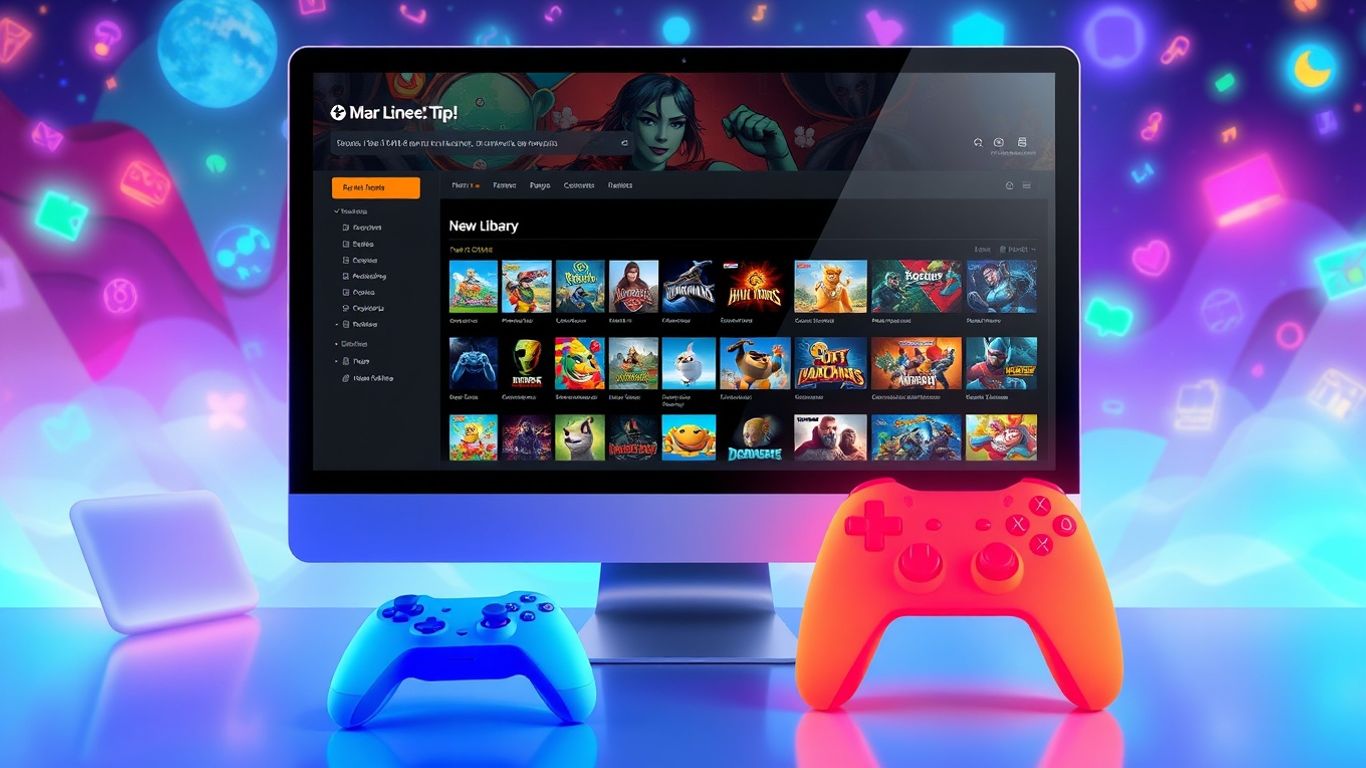 PC screen showing game library with icons and controllers.