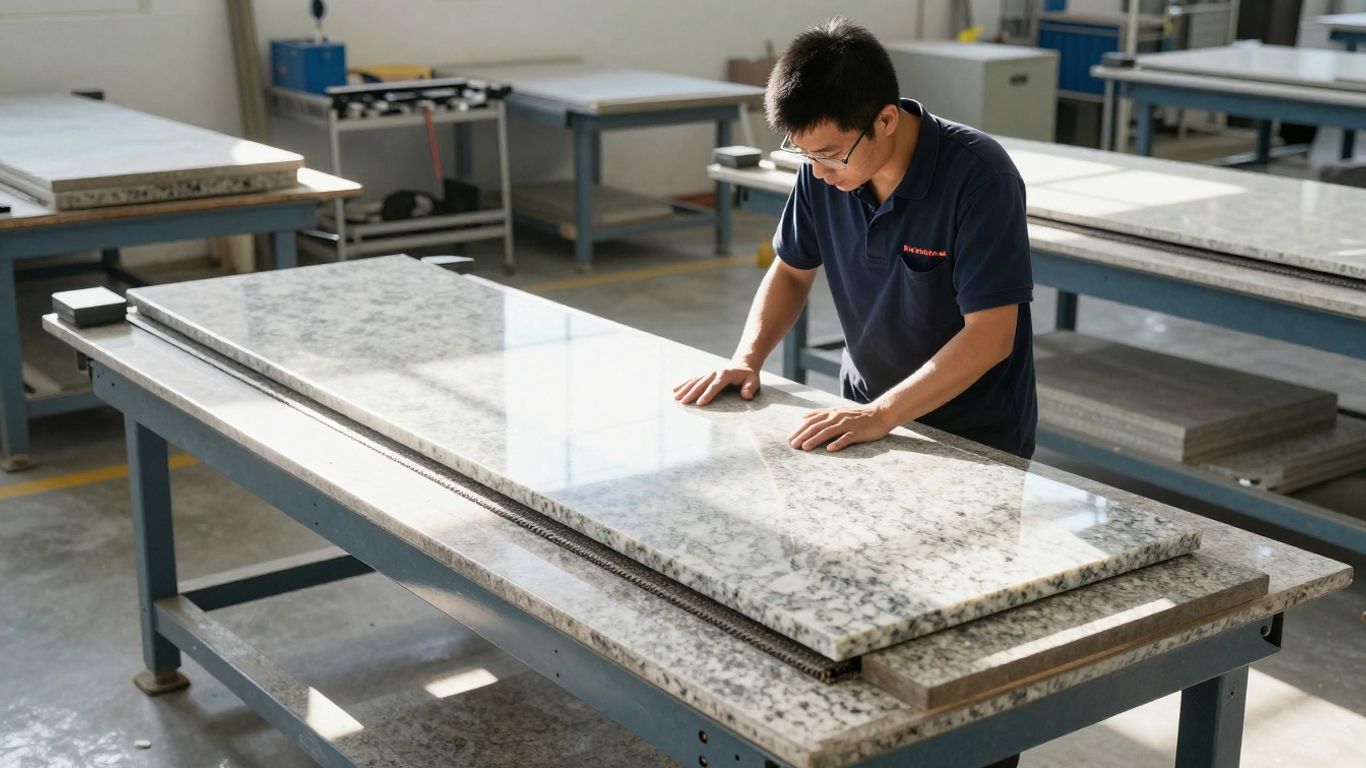 Countertop shop with stone slabs and tools.