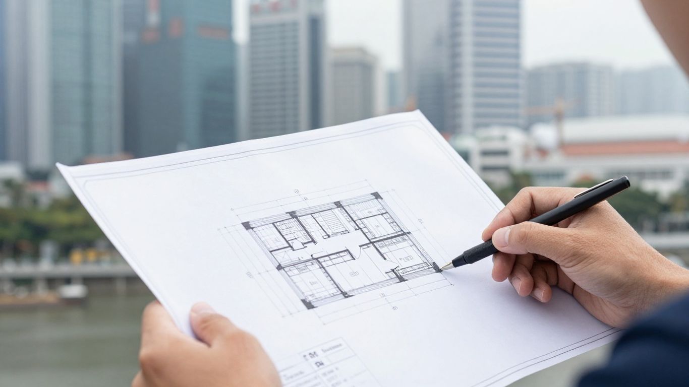 Engineer reviewing blueprints for civil and structural works in Singapore.