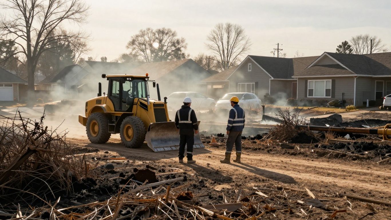 Contractor clearing brush near homes during wildfire season.