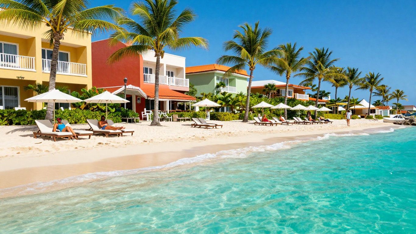 Luxury resort beach in Puerto Rico with palm trees and ocean.