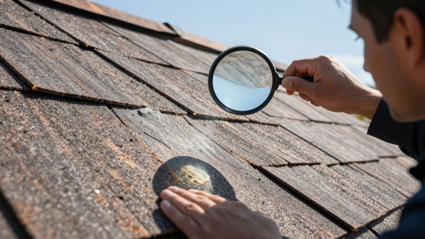 Homeowner inspecting roof with magnifying glass.